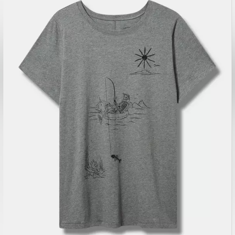 Torrid Grey Fishing Skeleton Classic Fit Heritage Jersey Crew Tee